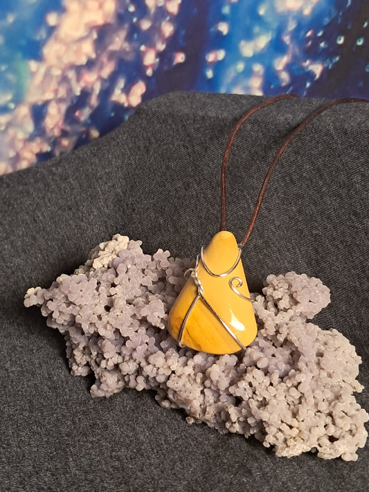 Yellow Jasper Pendant Silver Wire Wrapped Necklace